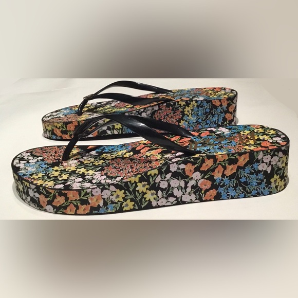 Nanette Lepore Black Floral Platform Wedge Flip Flops - Picture 1 of 8